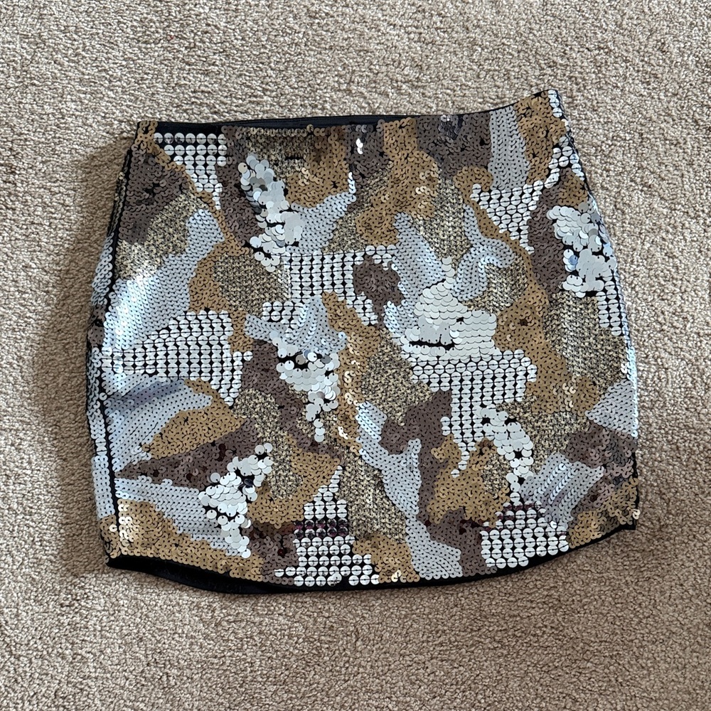 Express Sequined Camo Mini Skirt - Gold, Silver, Brown